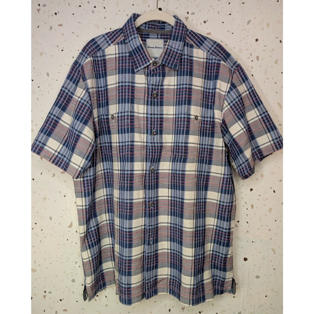 EUC Tommy Bahama Mens Original Fit Silk Shirt Large Short Sleeve Plaid